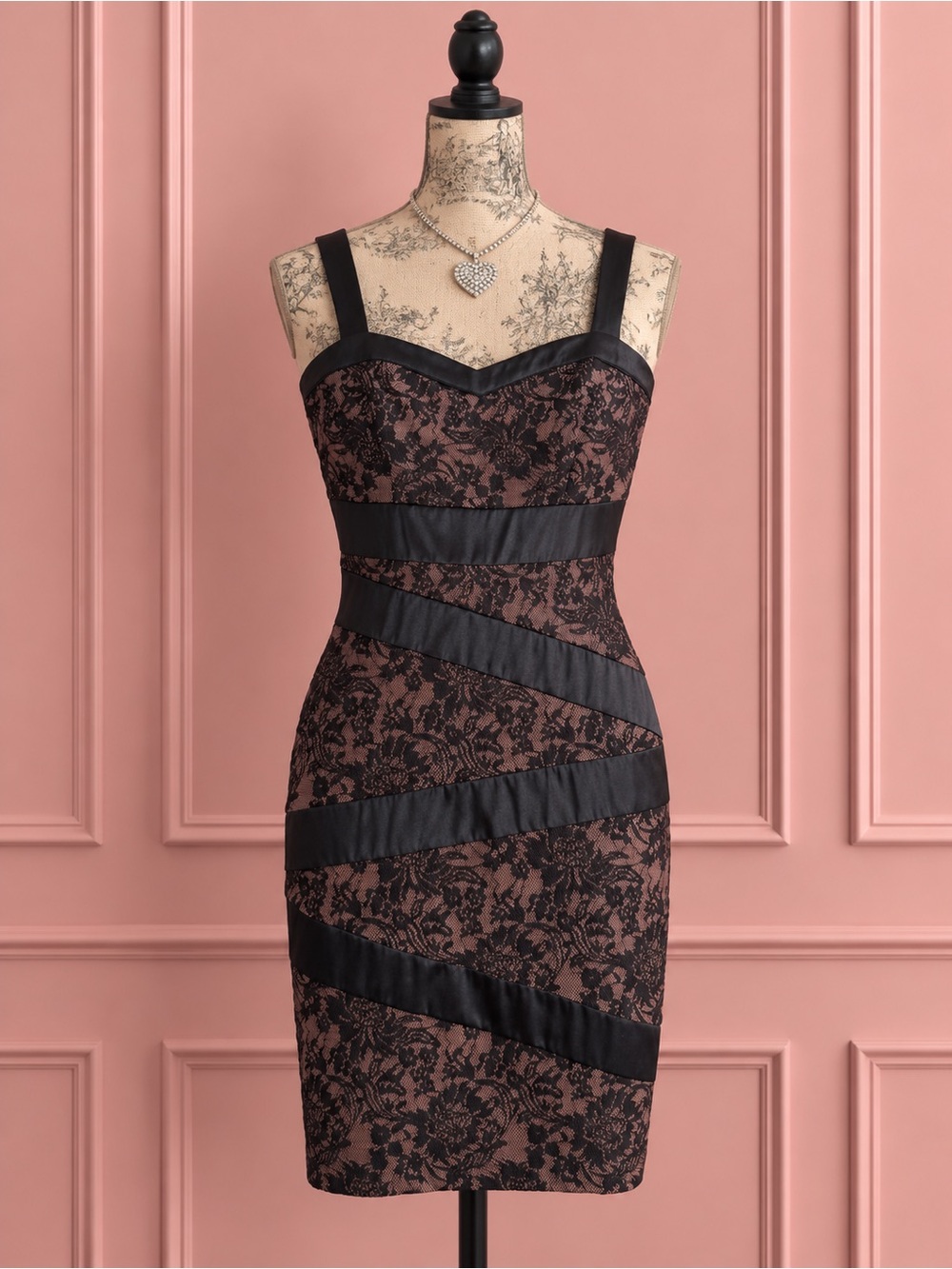 Y2K Dynamite Brown Lace Bodycon Mini Dress with Black Satin Accents Size 7